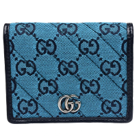 【GUCCI 古馳】GG Marmont Multicolor系列絎縫紋帆布暗釦卡夾/零錢包(藍466492-2UZFN-4166)