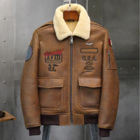 2019 Mens Brown Shearling Jacket Leather Jacket Fur Coat B6 Airforce Flight Jacket Mens Winter Coats