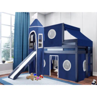 Castle Low Loft Bed with Slide Blue &amp; White Tent and Tower, Loft Bed, Twin, Blue