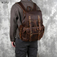 Retro Leather Men's Backpack Top Layer Cowhide Travel Backpack Large Capacity School Bag Crazy Horse Leather Laptop Bag NZPJ
