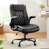 Office chair executive with flip armrests, PU leather ergonomic desk chair height adjustable swivel roll, black