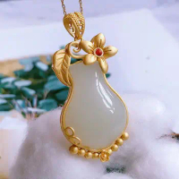 Natural Hetian Jade Plant Vase Pendant Necklace Chinese Style Retro Unique Ancient Gold Craft Charm Women's Silver Ornaments