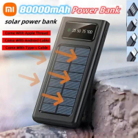 Xiaomi 80000mAh Solar Charger Solar Power Bank Built Cables Portable Power Source 2 USB Ports For Xiaomi Iphone With LED Light