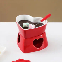 Red Heart shape fine porcelain chocolate fondue set, red romantic cheese melting fondue