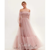 Cathy Pink Elegant Off Shoulder Prom Dress 2024 Sweet Puffy Sleeves A-line Tulle Vestidos De Fiesta Fluffy Feeling Party Dress