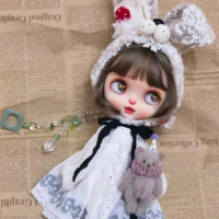 Blythe hat Mouth rabbit with long ears hand woven wool hat (Fit blythe、qbaby Doll Accessories)