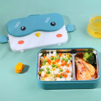 Stainless Steel Tableware Thermal Lunch Box for Meal Student School Bento Box Cute Owl Cartoon Cutlery Set Storage for Kids