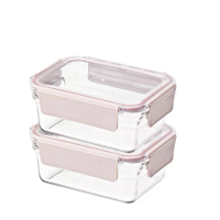 Glasslock 強化玻璃微波保鮮盒 櫻花粉晶透款 長方形 700ml 兩個裝