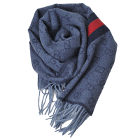 GUCCI SC NEW NIKKY O GG LOGO 義大利製羊毛寬版斜紋織帶披肩/圍巾(單寧藍/灰藍色)