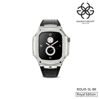 【Golden Concept】Apple Watch 45mm 保護殼 銀色不鏽鋼錶殼/黑色皮革錶帶(ROL45-SL-BK)