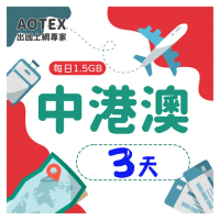 【AOTEX】3天中港澳上網卡4G網路每日1.5GB高速流量(中國上網卡中國大陸上網卡香港上網卡澳門上網卡SIM卡)