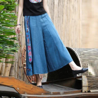 Chinese Style Bottom For Women Cotton Linen Pants Woman Orient High Waist Loose Wide Leg Trousers Embroidery Pants KK4038