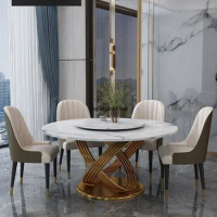 Custom light luxury round marble dining table with turntable dining table chair combination light luxury furniture