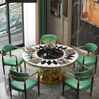 Custom-made Italian luxury round marble dining table and chair stainless steel turntable parquet dining table