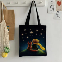 Cartoon Le Petit Prince Fox Women Canvas Shopper Bag with Handle Funny Eco Foldable Reusable Tote Bag Book Key Shopping Bag