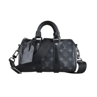 【Louis Vuitton 路易威登】KEEPALL BANDOULIERE 25經典花紋波士頓手提斜背包(灰黑)