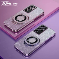 Luxury Plating Magnetic Holder Phone Case For Samsung Galaxy S24 Ultra S23 S22 S21 S20 Plus FE Note 20 10 Silicone Glitter Cover