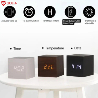 JD-11 Jam Kayu Digital LED Jam Weker Desain Mini Motif Kayu Wooden Clock Jam Meja Alarm Suhu tempera