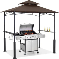 8'x 5' Grill Gazebo Canopy - Outdoor BBQ Gazebo Shelter With LED Light Awnings Patio Canopy Tent for Barbecue and Picnic (Brown)