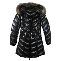 【MONCLER】品牌經典LOGO格紋長版可拆毛絨連帽保暖羽絨外套(黑 XS)