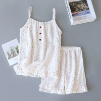Cotton Women's Pajama Set Summer Sleeveless Floral Print Ladies Sleepwear 2 Pcs with Shorts Buttons Pyjama Suit for Female
