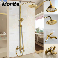 Monite Gold Plated Shower Faucet Shower Head Aerator Nozzle High Pressure Solid Brass Crystal Valve Ceramic Handle Shower Set