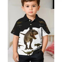 เสื้อโปโลเด็กวัยหัดเดิน ลายไดโนเสาร์ T‑Rex ลายสัตว์ยุคก่อนลายกราฟิก แขนสั้นมีปกเสื้อ
