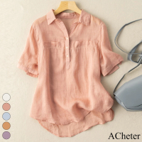 【ACheter】古厝之旅涼爽純色棉麻短袖短版襯衫寬鬆上衣#113083(5色)