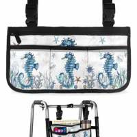 Mediterranean Style Ocean Starfish Seahorse Stripes Wheelchair Bag Armrest Side Bags Electric Scooter Storage Pouch