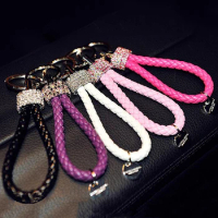 Creative Hand Woven Leather Car Keychain With Diamond Women Men Wallet Backpack Charm Bling Crystal Rope Keyring For Couple Gift