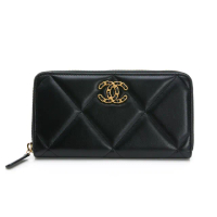 【CHANEL 香奈兒】19系列菱格紋小羊皮拉鍊長夾（黑）