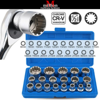 On Sale (Tooth Type) 19pcs 8mm-32mm 1/2\ Drive 12 Point Hex Splined Bit Socket Set Repair Tool"
