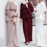 Dubai Turkey Pleated Ruffled Top Wide-leg Pants Baju Kurung Bordir Malaysia Set Fashion Luxury Muslim Women Suit