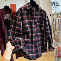【初色】休閒復古格紋格子翻領長袖襯衫寬鬆上衣女上衣-黑紅格紋-38517(M-2XL可選)