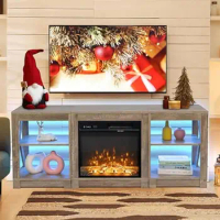 Fireplace TV Stand with LED Lights for TVs Up to 65 Inch, Farmhouse Modern Entertainment Center, Gray Oak, 59'' x 16'' x 24''