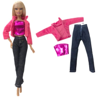 NK 1 Set Doll Dress Party Fashion Clothes Red Coat+Sex Top+ Black Jeans Daily Casual Wear For Barbie Doll Girls' Toys