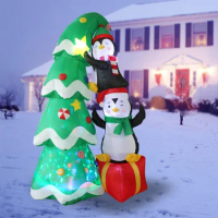 6.7FT Inflatable Penguins Climbing Christmas Tree Decorations with Colorful Rotating LEDs for Outdoor Garden Xmas New Year Party