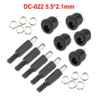 10PCS/5Pairs 5.5x2.1mm DC Power Male Plugs Connector 12V 3A DC Power Socket Female Jack Screw Nut Panel Mount Adapter 5.5*2.1mm