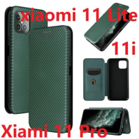 Carbon Fiber For Xiaomi 11 Lite Case Magnetic Book Stand Flip Card Protective Mi 11 Pro Wallet Leather Cover