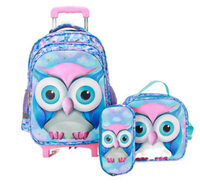 School Trolley Bag for girls Owl School Wheeled backpack lunch bag set kids Rolling backpack schoolbag set Satchel with Wheels