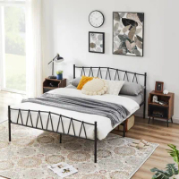 Queen Size Metal Platform Bed Frame With Headboard,No Box Spring Needed/Mattress Foundation Living And Bedroom Furniture