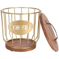 Metal Coffee Filter Container Basket Large Capacity Wooden Rustic Coffee Pod Holder Coffee Bar Accessories Decor,Gold