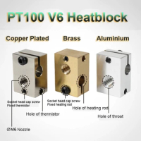High Quality E3D PT100 V6 Heated Block 3D Printer Parts Hotend Extruder Aluminum Block Brass Copper Plated PT100 V6 Heatblock