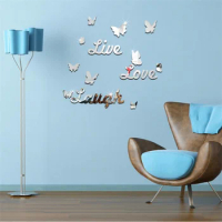 Gold and Silver Live Love Laugh Butterfly English Letter Mirror Wall Sticker Decoration Mirror Home Decoration Self Adhesive
