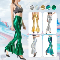 Sexy PU Leather Metallic Pants Women Shiny Laser Flare Pants Lady Elastic Waist Disco Trousers Dance Performance Clubwear