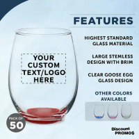 Custom Stemless Wine Glasses in Bulk by ARC Perfection 15 oz 50 pack Personalized Text Logo Red or White Wine Glass Set Red