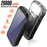 Solar Power Bank 26800mAh 10W Wireless Fast Charger for iPhone 14 13 pro Xiaomi Outdoor 3 USB Powerbank with Camping Flashlight