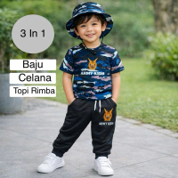 Setelan Anak Loreng Celana Panjang Kaos Lengan Pendek Topi Rimba Loreng Usia 1-8 Tahun Army Kids