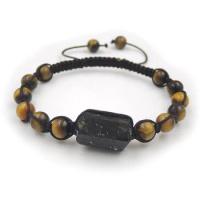 Black Tourmaline Point Tiger Eye Round Beaded Bracelet Hand-knitting Centipede Knot 6-8 Inches