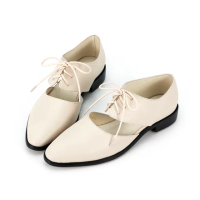 【HERLS】牛津鞋-全真皮鏤空綁帶尖頭低跟牛津鞋(米白色)